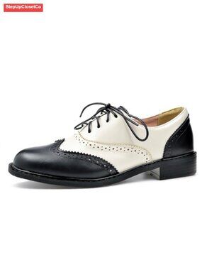 Saddle Oxford Shoes for Women Wingtip Lace-Up Low Heel Retro Vintage Style
